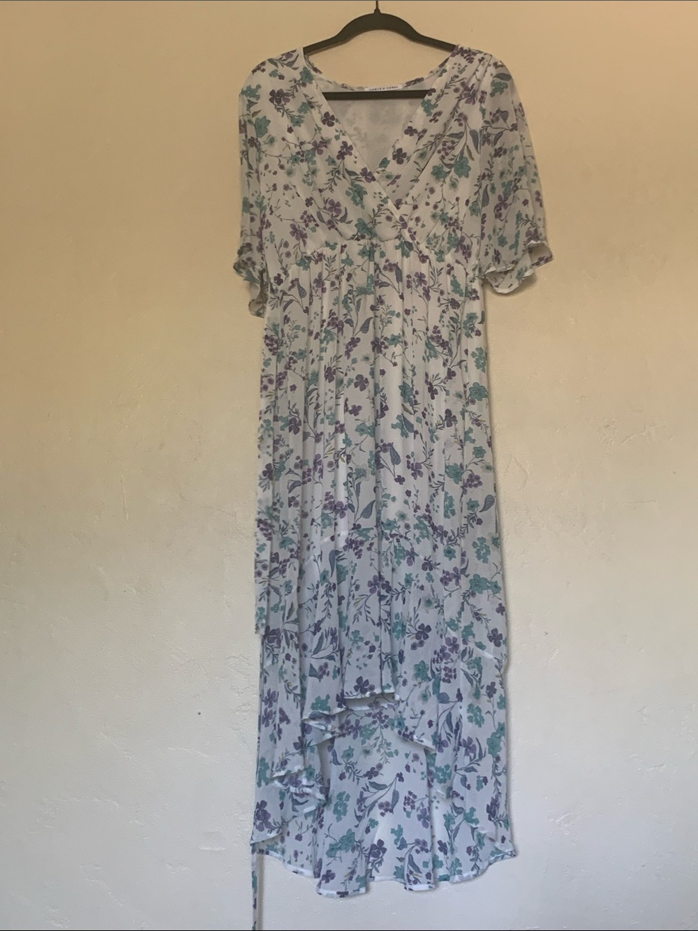 Chris & Carol White High-Low Floral Maxi Dress with Purple & Teal Flowers